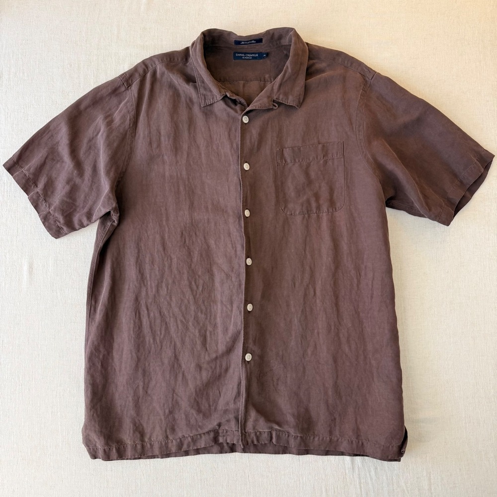 Daniel Cremieux Silk Linen Short Sleeve Button Down Shirt Mens XL Brown
